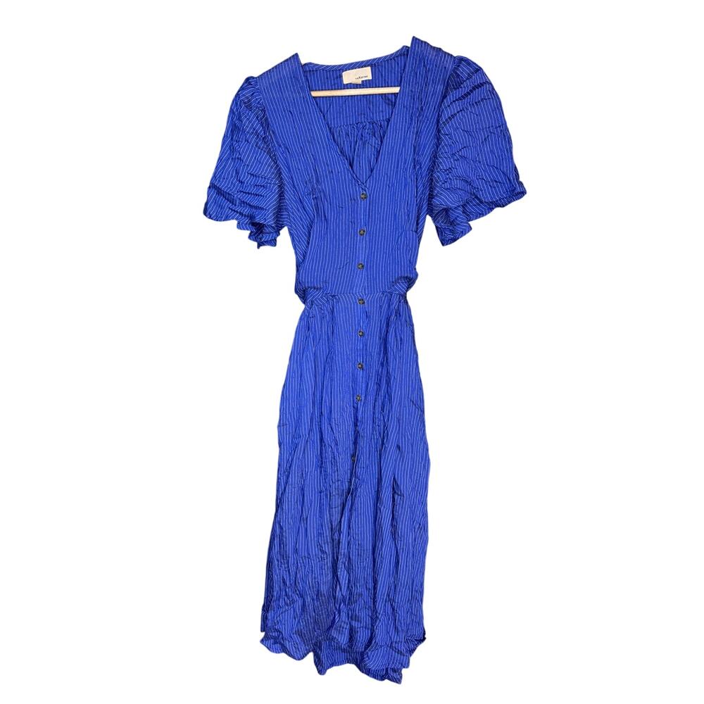 The Korner Blue Pinstripe Midi Dress Tie Back Button Front Size Medium Open Back